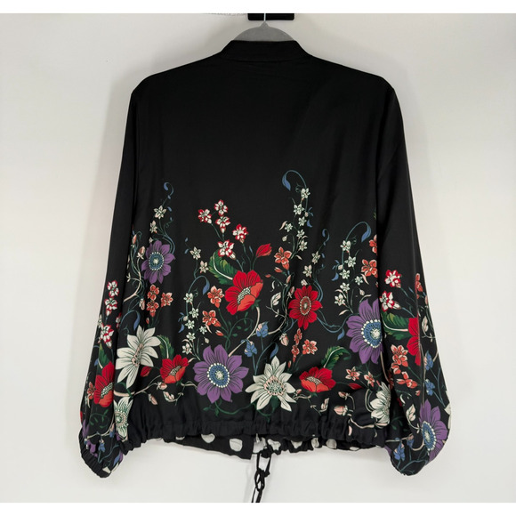 Chicos Reversible Bomber Jacket Womens 12/14 Black Floral Polka Dot Silky Zip Up - Picture 5 of 15